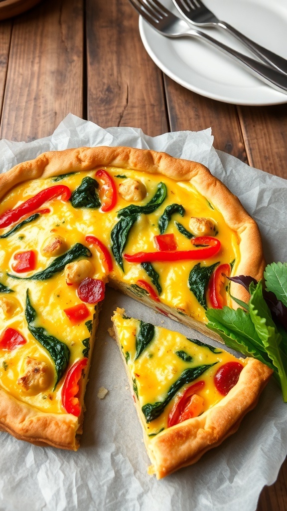 A golden-brown quiche filled with vegetables and cheese, sliced into wedges on a rustic table.